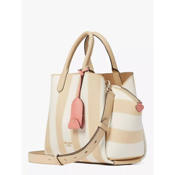 New Kate Spade Avenue Awning Stripe Medium Satchel Warm Stone - Picture 4 of 5